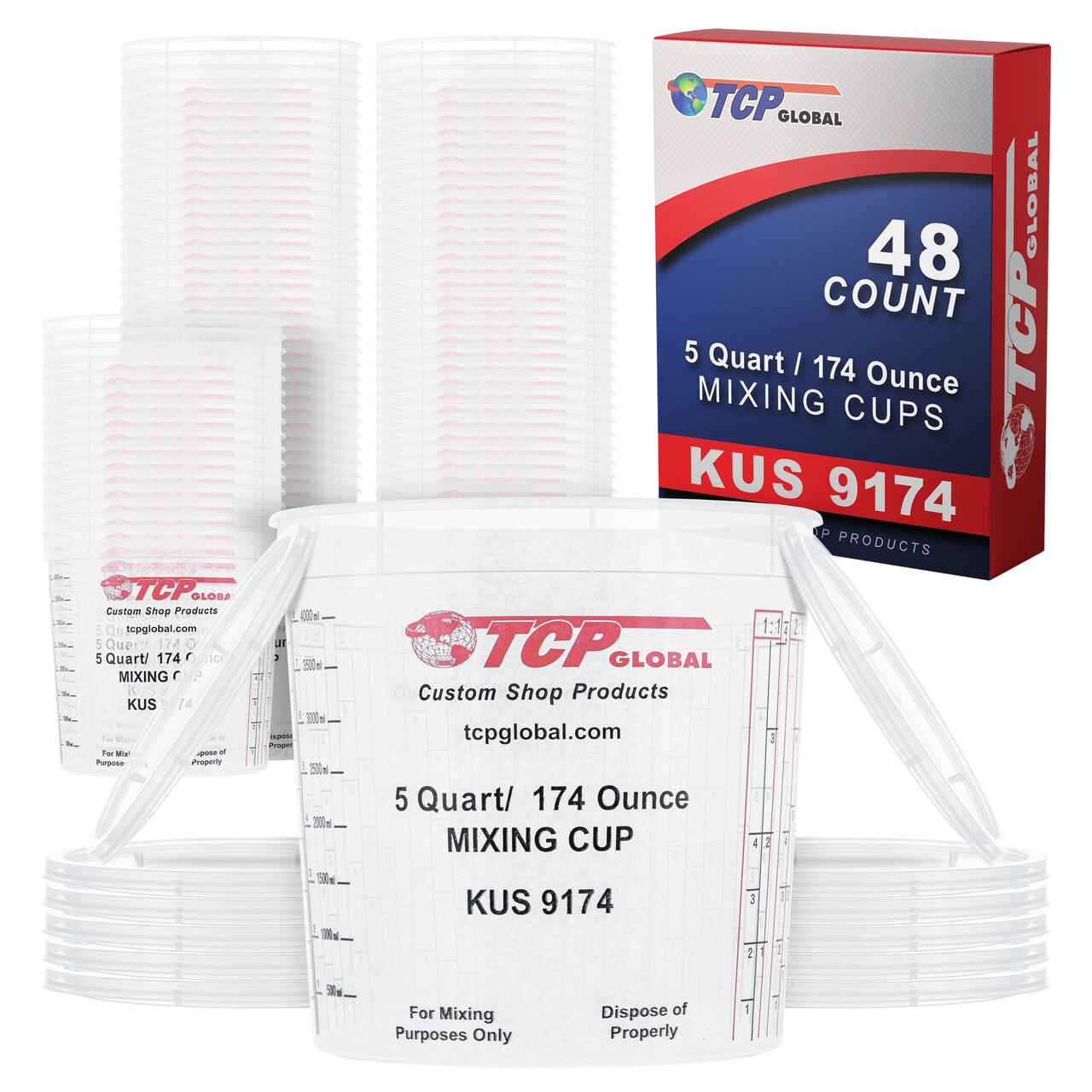 Custom Shop Paint Mixing Cups, 5-Quart (48 Pack) - Plastic Measuring Cups for Liquids, Automotive Painting, Epoxy Resin, Acrylic Arts, Crafts, Disposable or Reusable, Graduated, Mixing Ratios